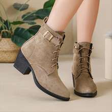 Women's Vintage Chunky Heel Western Ankle Boots, Faux Suede Lace-Up Pointed Toe Cowboy Boots, Fashion Outdoor Casual Ankle Boots - Camel - View 6