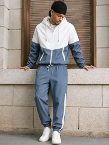 2pcs/Set Men's Sports Outfit, Fashion Colorblock Long Sleeve Hooded Zip-Up Sports Jacket With Solid Color Drawstring Joggers, Very Comfortable - Dusty Blue - View 1