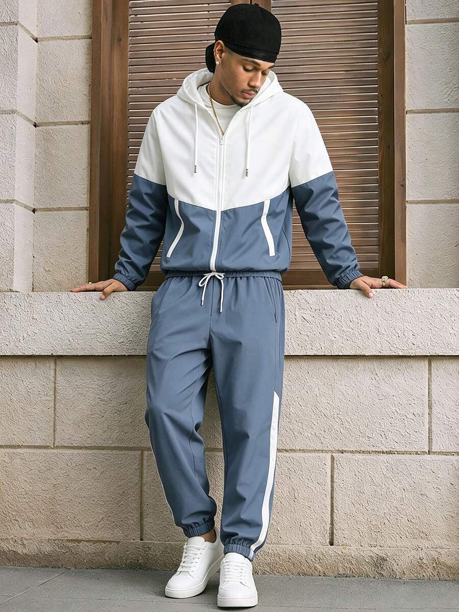 2pcs/Set Men's Sports Outfit, Fashion Colorblock Long Sleeve Hooded Zip-Up Sports Jacket With Solid Color Drawstring Joggers, Very Comfortable - Dusty Blue - View 1
