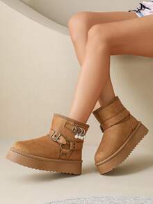 1 Pair Sweet & Cool Metal Buckle Snow Boots, Pearl Pendant Decor, Thick Sole Height-Increasing, Thermal Lined, Versatile Ankle Boots For Women - Camel - View 5