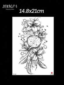 1片星百合與羽毛組合創意臨時紋身貼紙，可愛性感防水水轉印紋身，逼真拋棄式假紋身貼花，男女皆適用，適合腰部、腹部、背部、大腿和手臂，DIY禮物 - 黑色 - 查看 9