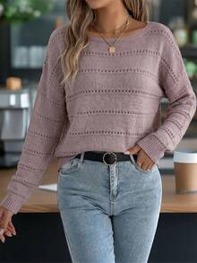 Women's Striped Hollowed-Out Off-Shoulder Knitted Sweater, Crew Neck, Loose Fit, Long Sleeves, Convertible To One-Shoulder, Dual-Wear Top - 粉色 - 查看 1