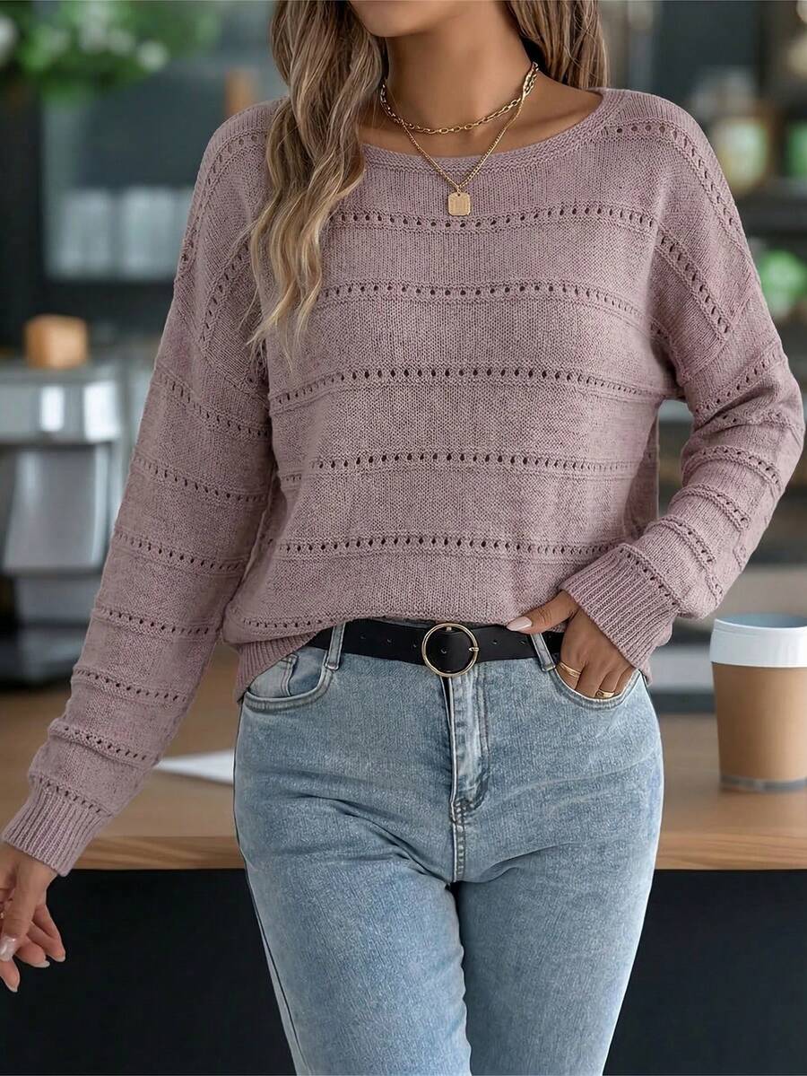 Women's Striped Hollowed-Out Off-Shoulder Knitted Sweater, Crew Neck, Loose Fit, Long Sleeves, Convertible To One-Shoulder, Dual-Wear Top - 粉色 - 查看 1