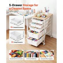 Rolling Cart With Drawers, 5 Drawer Storage Organizer, Mobile Utility Cart With Wood Top, Steel Frame, Universal Casters & 2 Bra - White - View 4