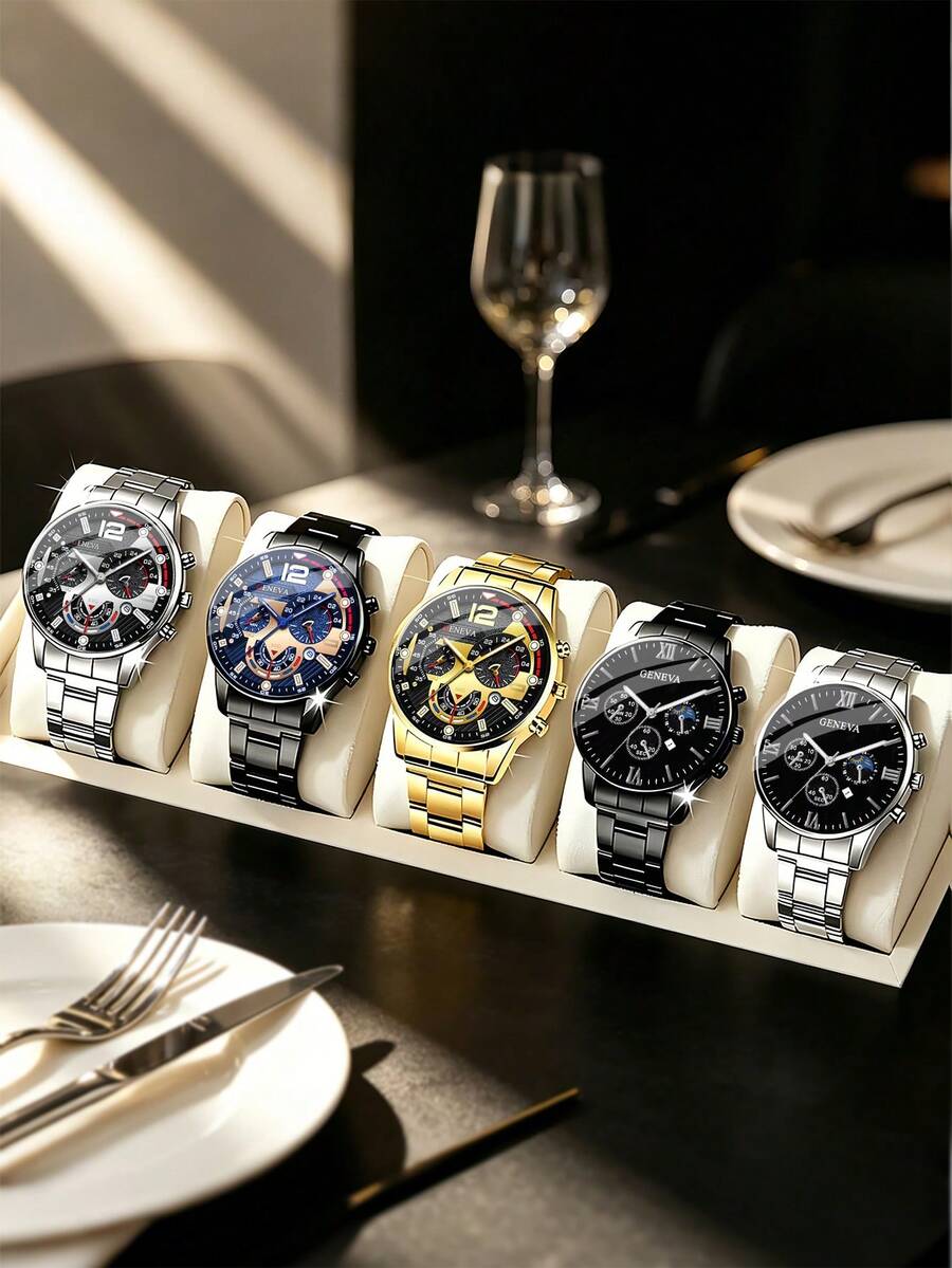 5pcs/Set Casual Business Men's Watch Set, Stainless Steel With Calendar, Best Gift For Father/Boyfriend, Suitable For Daily Wear