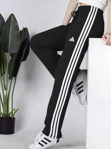 adidas Essentials 3-Stripes Open Hem French Terry Pants 標誌繫帶中腰針織運動褲 女款 - 黑與白 - 查看 1
