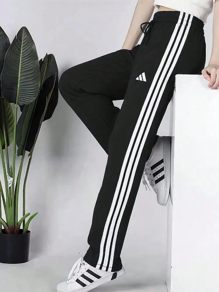adidas Essentials 3-Stripes Open Hem French Terry Pants 標誌繫帶中腰針織運動褲 女款 - 黑與白 - 查看 1