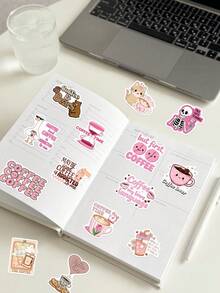 50pcs Fun Coffee Stickers, Pink Cartoon Doodle DIY Notebook Diary Stationery Bottle Stickers, Student Gift - Multicolor - View 8