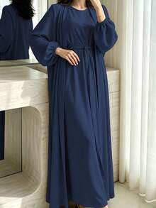 1 Set Soft Muslim 3-Piece Abaya Dress Inner Layer + Cardigan + Belt Classic Versatile Style - Multicolor - View 17