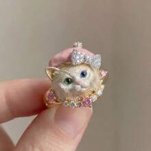 1pc Fashion Sweet & Cool Pink Gold Odd-Eyed Cat Bow Beret Open Ring, Unisex Personalized Versatile Decorative Index Finger Ring, Niche Gift For Cat Lovers And Pet Owners - Gold - View 2