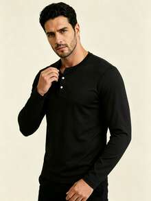 AHTELB Men's Spring/Autumn Henley Collar Long Sleeve Base Layer, 3-Button Half-Placket Design, Versatile Casual Top For Layering Sports Black - Black - View 3