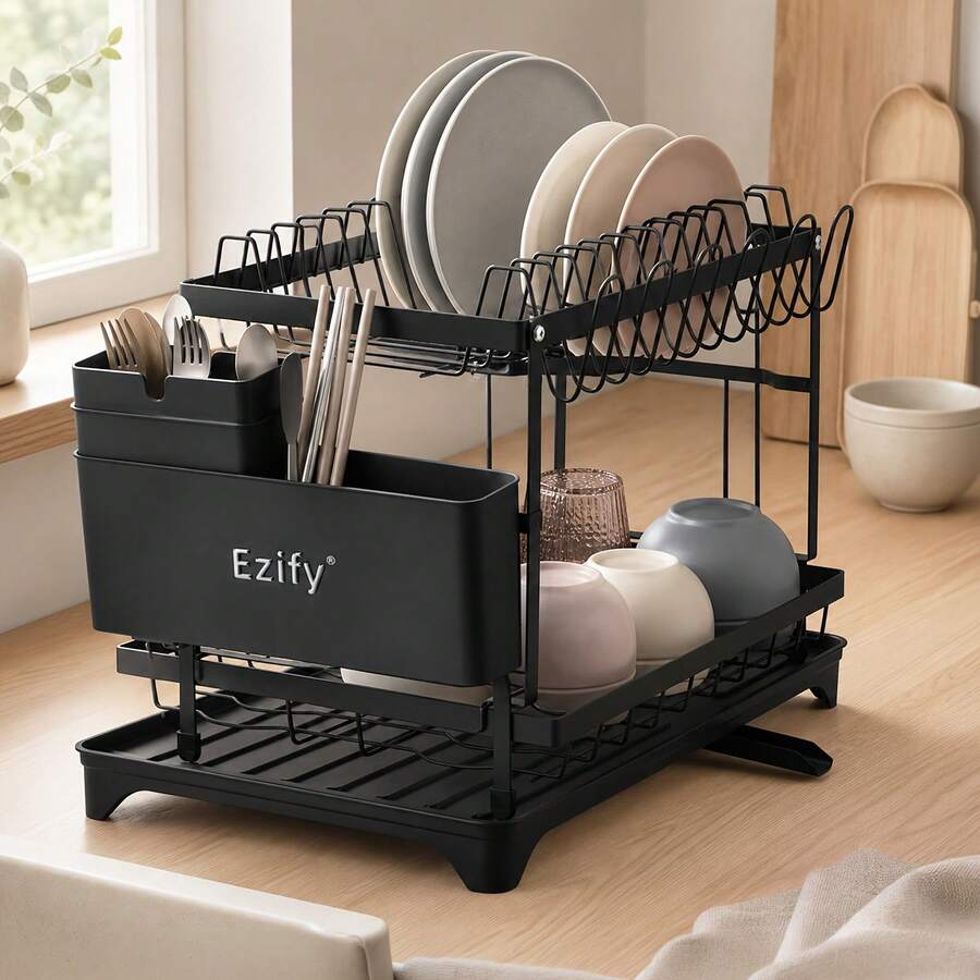 Senmeo 2-Tier Steel Dish Drying Rack, Includes 5 Rags + Built-In Drainboard And Hook Set, Rust-Proof & Sturdy, Space-Efficient For Kitchen/Countertop, Ideal Seasonal Storage Solution
