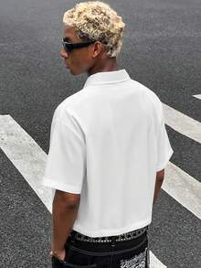 HOMIIE Men White Boxy Short Sleeve Button Down Shirt, Lapel Collar Single Chest Pocket Loose Cropped Top, Streetwear Back To School Outfit - White - View 2