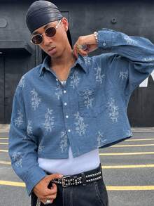 HOMIIE Men Fall Long Sleeve Cropped Shirt, Blue Floral Print Lapel Button Down Shirt With Pocket, Streetwear Casual Tops For Autumn - Blue - View 5