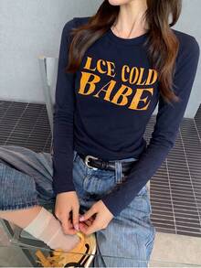 Atasan Kasual Wanita Lengan Panjang Pas Badan dengan Motif Huruf, Musim Gugur - Navy Blue - View 6