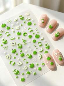 2 Sheets 5D Cute Apple For Nail Stickers - Spring And Summer Cartoon Fruit Design, Sweet Charm, Self-Adhesive Plastic Decals, Suitable For Nail Art, Odorless, Single Use, Fruit Decoration - Green - View 5