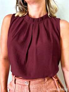 Women's Social Blouse, High Neck, Button On The Back, Super Fashion - 酒紅色 - 查看 1
