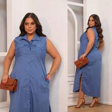 Vestido Feminino Chemise Plus Size Moda Evangélica com Bolsos Fenda e Botões M ao EXG - listra azul - Visão 7