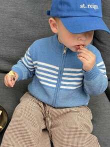 Boys' Preppy Contrast Color Striped Zip-Up Cardigan Sweater Jacket, Suitable For School, Spring, Autumn, Winter - Blue - View 1