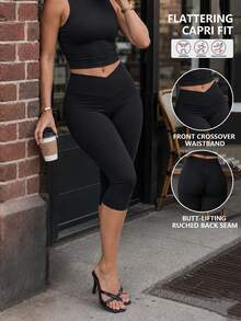 Women High Waisted Crossover Capri Yoga Leggings, Ruched Back Workout Gym Pants For Running Pilates Training Casual Activewear Sports - Black - View 3
