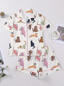 2pcs Women Pajama Set, Cat Print, Ladies Homewear, Spring/Summer Holiday Outfit, Short Sleeve Lapel Top And Shorts Suit - Multicolor - View 1