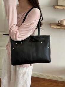 Solid Color Leather Belt Rivet Commuter Minimalist Design Large Capacity 2026 Summer New Tote Shoulder Underarm Bag For Women - Black - View 5