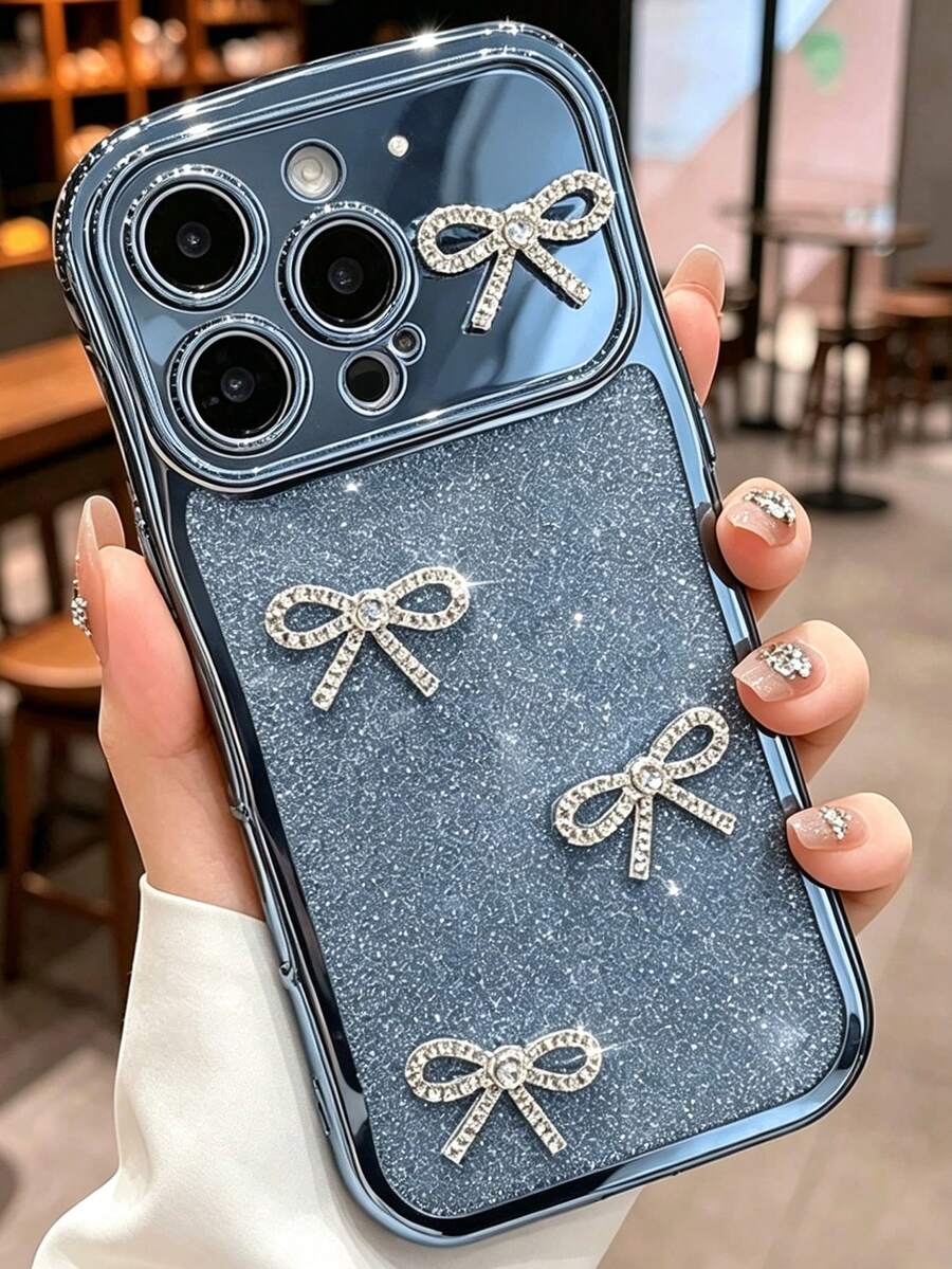 Casing Ponsel Mewah Lucu Berkilau dengan Hiasan Pita Berlian Imitasi, Kompatibel dengan iPhone 17 Pro Max 17 Pro 17 16 Pro Max 16 Pro 16 15 Pro Max 15 Pro 15 14 13 17 Air, Cocok untuk Anak Perempuan dan Wanita, dengan Tepi Bergelombang dan Bahan Lembut, Hadiah untuk Anak Perempuan dan Wanita. - Biru - View 1