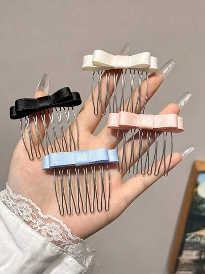 2pcs Women's Cute Elegant Minimalist Fashion Street Style Bow Metal Side Comb, Bangs Hair Clip & Loose Hair Comb, Daily & Vacation Hair Accessories
