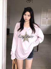 American Lazy Leopard Print Star Graphic T-Shirt Casual - Pink - View 2