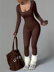 Seamless Shaping Jumpsuit - Ribbed Design & Tummy Control For Yoga, Running, Daily Wear - Coffee Brown - View 4