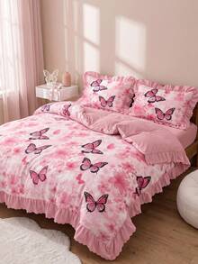 2/3pcs Ruffle Duvet Cover Set, Dorm Bedding, Pink Floral Bedding Set, Cozy Room Decor, Skin-Friendly Breathable, Ultra Soft Anti-Pilling, No Duvet Insert Included, Suitable For Single/Double/Queen/King Bed, All Season, Machine Washable, Back To School - Multicolor - View 7