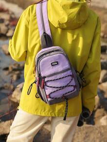 Unisex Mini Hiking Backpack, Color Block Small Outdoor Daypack With Elastic Rope Decor, Padded Adjustable Shoulder Straps - Multicolor - View 3