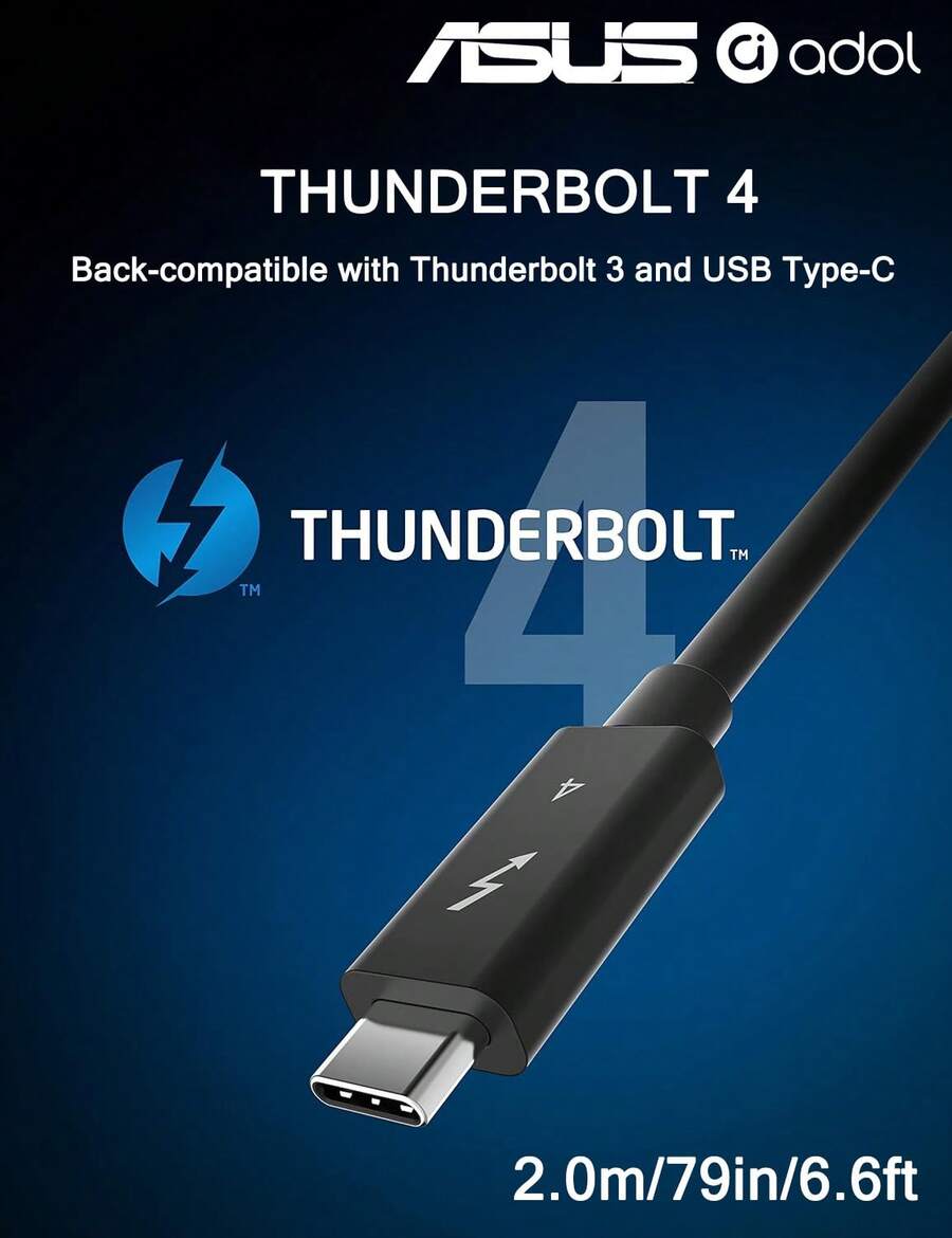 Kabel Data ASUS 240W Thunderbolt 4, Untuk USB C Tipe-C, Mendukung Transfer Data 40Gbps, Pengisian Cepat 240W, Mendukung Transmisi Audio/Video 8K/4K, Pengisian Cepat PD240W, Kompatibel dengan Kabel Data Pencermian Layar Macbook dan 17 ProMax - View 1