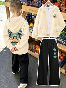 2pcs/Set Big Boys Hooded Sweatshirt Set, Face & Letter Print, Paired With Simple Casual Wide Leg Pants, Autumn/Winter Fashion Outfit - Apricot - View 3