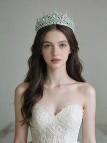 1件優雅華麗水鑽巴洛克皇冠髮飾，新娘婚禮頭飾，浪漫公主舞會派對活動皇冠髮飾 - 淺綠色 - 查看 3