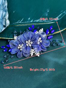 Elegant Blue Organza Flower Bridal Hair Comb Women's Headpiece Suitable For Wedding Party - Blue - View 7