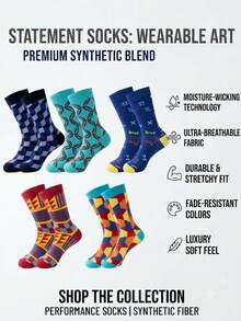 1/5 Pairs Vintage Assorted Jacquard Mid-Calf Socks, Geometric Plaid & Math Symbol Streetwear Socks For Men - Multicolor - View 4