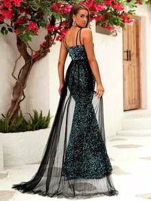 Elegant Women's Halter Neck Black & Peacock Blue Sequin Chiffon Patchwork Back Train Evening Party Dress - Peacock Blue - View 4