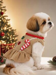 PETCIRCLE 1件寵物衣服 小狗幼犬貓用 可愛寵物奢華優雅風保暖拍照裙 拐杖薑餅人裙 - 彩色 - 查看 2
