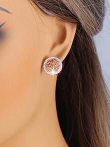 1 Pair Fashionable European And American Vintage Tree Of Life Hollow Stud Earrings, Niche Design Round Frame Tree Shape Elegant Women's Commute Date Niche Exquisite Wealth Meaning Earrings Gift - Earrings - View 7