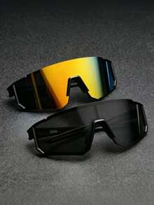2pcs Men's Plastic Sports Cycling Wrap-Around Y2K Decorative Fashion Glasses For Daily Wear, Photography, Shopping, Cycling, Skiing - Black - View 3