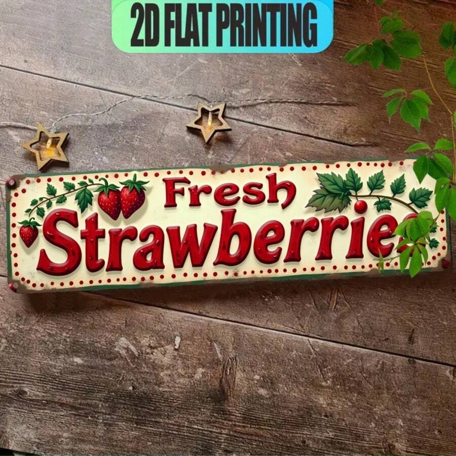 2D Flat, 1pc Vintage "Fresh Strawberry Logo" Metal Wall Decor Sign - Rustic Distressed Sign With Weathered Garden Casual Text. Wall-Mounted, Suitable For Home, Office, Cafe, Outdoor (Random Style) - A - View 1