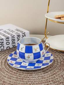 1pc Set Exquisite Personalized Bone China Coffee Cup And Saucer, Large Vintage Grid Coffee Cup, Suitable For Home, Party, Club, Housewarming, Gift Choice - Multicolor - View 4