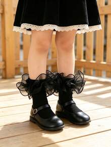 4 Pairs Girls Solid Color Ruffle Decor Cute Daily Wear Ankle Socks, Black Basic Daily School Outfit, Back To School Season Matching School Uniform - Black - View 5