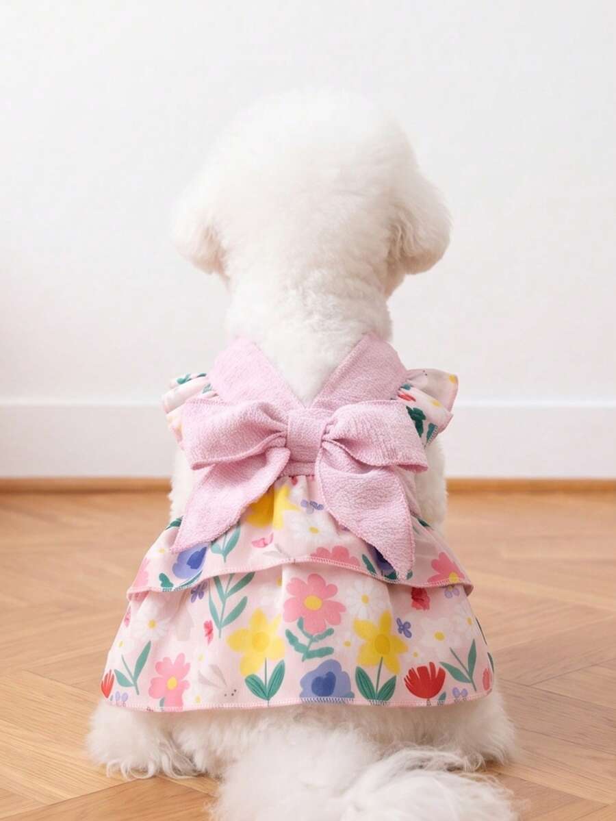 LUCKIE LABO 一件复活节花卉彩蛋印花荷叶袖公主裙,适合吉娃娃、小型犬,优雅芭蕾舞风格吊带裙,室内外宠物服装 - 粉色 - 查看 1