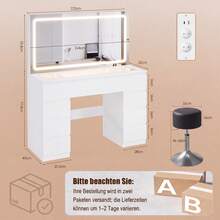 Devoko Modern Vanity Table With Extra Large LED Mirror, 3 Light Colors And Dimmable Brightness, Dressing Table With Glass Top, 9 Drawers, Power Strip And Hair Dryer Holder, White/Black - 查看 10