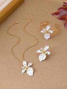3pcs/Set Fashion Iron Art Enamel Polka Dot Floral Necklace Bracelet Ring Jewelry Set, Women's Casual Holiday Party Banquet Wear - Flower Necklace Bracelet Ring Set - View 9