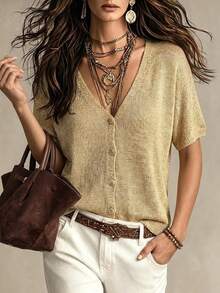 Women's Casual Elegant V-Neck Flared Sleeve Button-Front Short Sleeve Cardigan, Beach Party Outing Summer - Gold - View 3