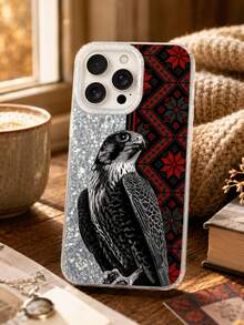 Falcon 手機殼，黑白素描搭配紅黑幾何圖案與銀色水鑽，適用於 iPhone 17/16/15/14/13 Pro Max 及更多機型，全包防摔耐磨，手感舒適，適合喜愛猛禽藝術與獨特設計的使用者，兼具實用保護與視覺美感 - 黑色 - 查看 2