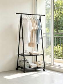 1pc A-Frame Rolling Floor Coat Rack With Double Layer Storage Shelves, Heavy Duty Movable Metal Clothes & Hat Organizer, Space Saving Portable Garment Rack Stand With Wheels For Bedroom, Store, Dorm, Closet, Laundry Room, Father's Day Gift - View 8